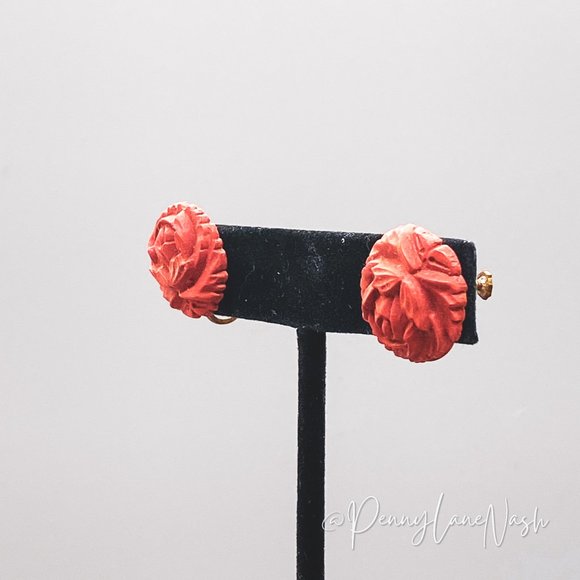 Vintage Etched Red Rose Stud Clip On Earrings - Picture 7 of 7